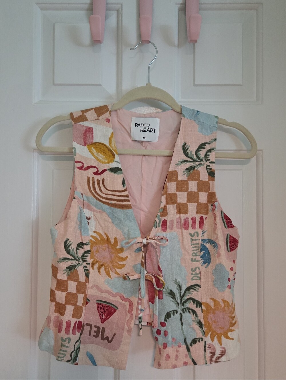 Paper Heart Linen Blend Fruit Print Tie-front Vest, Size Medium